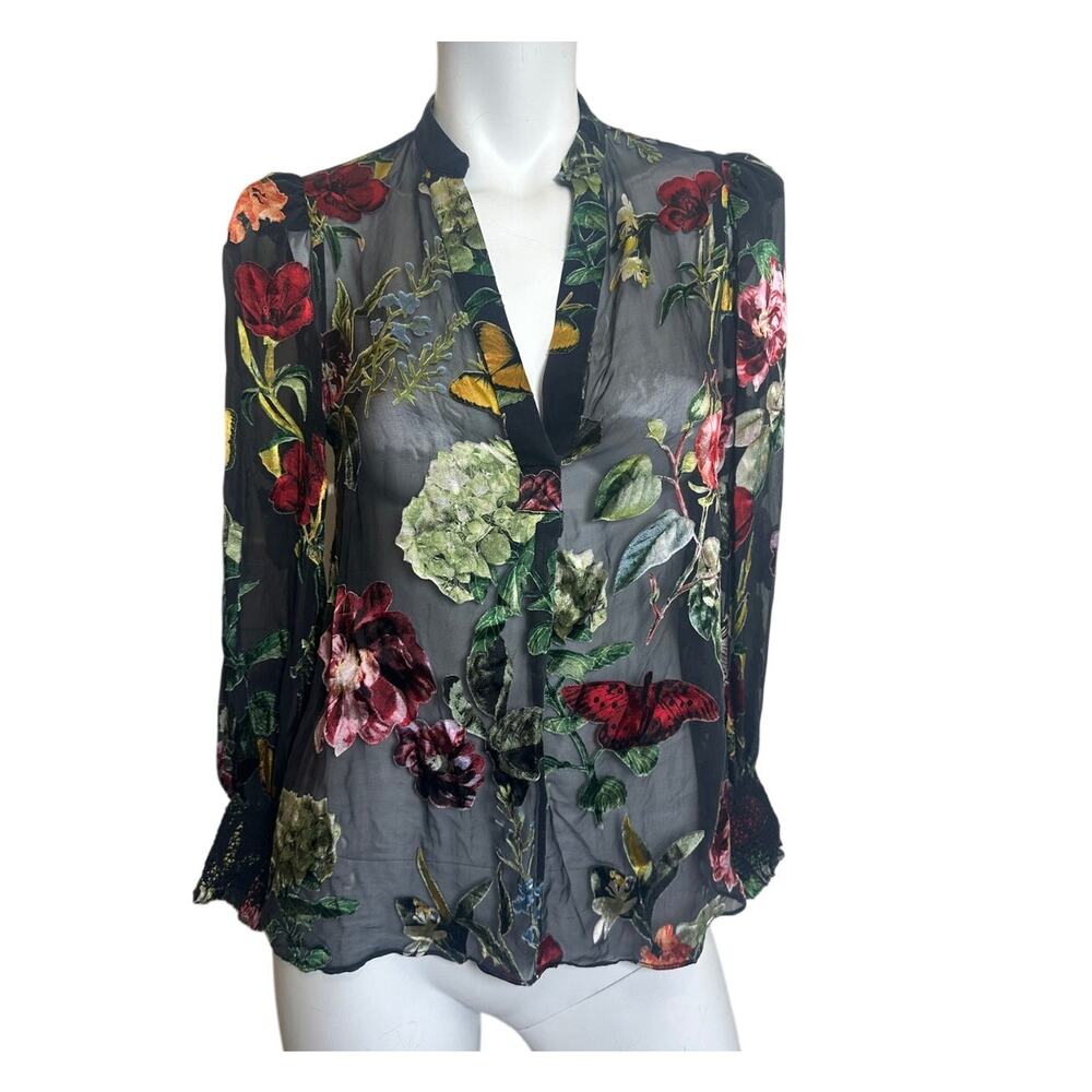 Alice + Olivia Sheer Floral Velvet Burnout Blouse Size XS - Picture 2 of 12